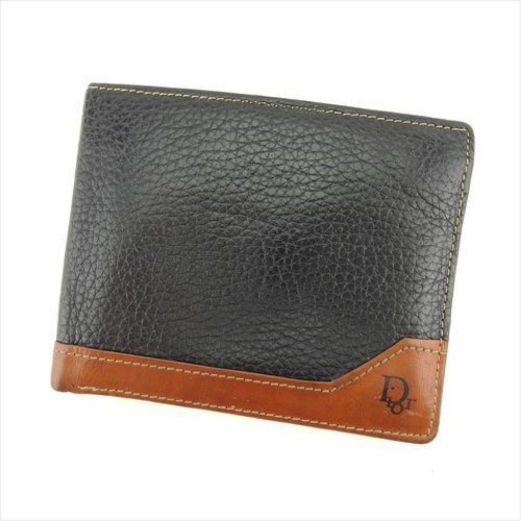 Dior Wallet Purse Bifold Black Brown Leather Woman Unisex Authentic Used